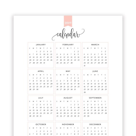 Year At A Glance Calendar 2019 Template