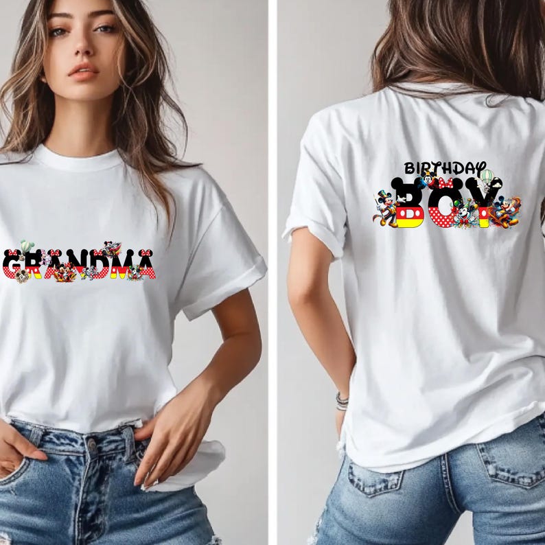 May include: White t-shirt with a graphic of the word "Grandma" made up of Disney characters. The back of the shirt has a graphic of the word "Birthday Boy" made up of Disney characters.