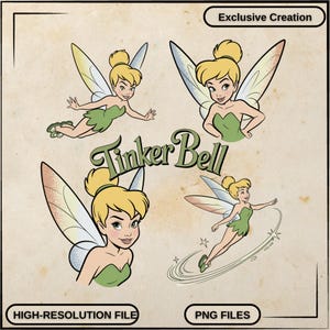 Könnte beinhalten: Vier Illustrationen von Tinker Bell in verschiedenen Posen, mit blonden Haaren, einem grünen Kleid und Flügeln. Der Text "Tinker Bell" ist in grüner, stilisierter Schrift. Das Bild enthält auch "Exclusive Creation", "High-Resolution File" und "PNG Files".