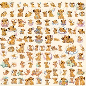Könnte beinhalten: Eine digitale Sammlung zahlreicher Illustrationen, die ein junges Löwenbaby in verschiedenen Posen, Ausdrücken und Aktivitäten zeigen, darunter schlafend, mit Schmetterlingen spielend, in Körben sitzend und Sterne haltend vor einem hellen cremefarbenen Hintergrund.