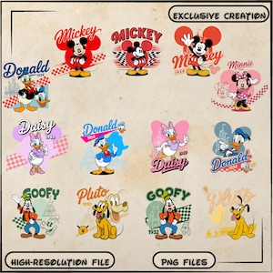 May include: A collection of vintage-style Disney character illustrations, including Mickey Mouse, Donald Duck, Daisy Duck, Goofy, Pluto, and Minnie Mouse. Each character is depicted in a retro design with their names and the year of their debut. The image also includes the text "EXCLUSIVE CREATION", "HIGH-RESOLUTION FILE", and "PNG FILES".