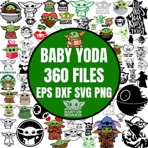 Peut inclure: Une collection numérique de 360 fichiers graphiques Baby Yoda aux formats EPS, DXF, SVG et PNG. Le cercle vert central affiche le texte BABY YODA 360 FILES EPS DXF SVG PNG, entouré de nombreuses illustrations de personnages en noir et blanc et en couleur.