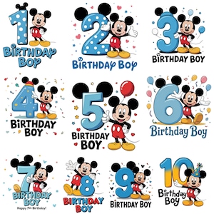 Puede incluir: Un conjunto de gráficos de cumpleaños con Mickey Mouse y los números del 1 al 10. Cada diseño incluye un número azul, las palabras "Birthday Boy" y Mickey Mouse con su atuendo clásico rojo, negro y amarillo.