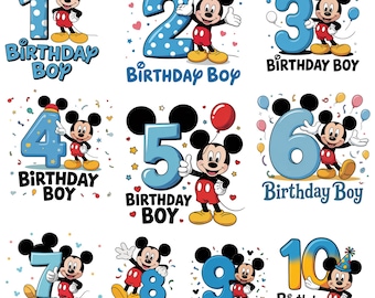 Mickey Birthday Boy PNG Bundle, 1st-10th Birthday (Digital Download)