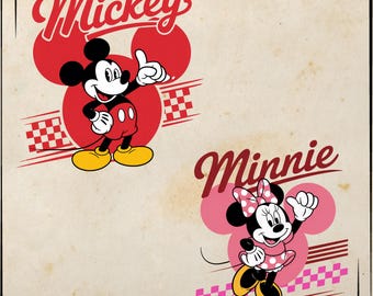 Retro Mickey and Minnie Clipart, Checkered Design (PNG, SVG)