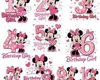 Disney Birthday PNG Clipart Bundle, Minnie Birthday Girl 1-10 Numbers (Digital Download)