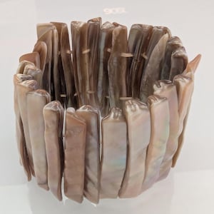 Puede incluir: Un brazalete de concha marrón y blanco hecho de muchas piezas individuales de concha. El brazalete está hecho de materiales naturales y tiene un aspecto rústico.