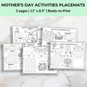 May include: A set of six black and white Mother's Day activity placemats. Each placemat features a different design, including word searches, mazes, and coloring pages. The placemats are 11" x 8.5" and ready to print. Text on the placemats reads "Happy Mother's Day!"