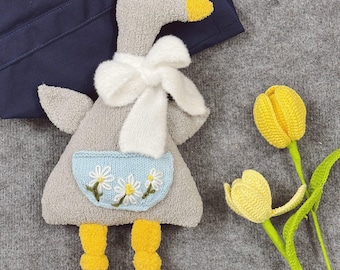 Peluche canard tricotée à la main, pattes souples, oie cottagecore, oreiller animal doux