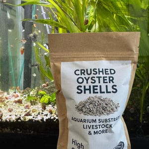 May include: A brown paper bag with a white label featuring the text "CRUSHED OYSTER SHELLS." The label also states "AQUARIUM SUBSTRATE, LIVESTOCK & MORE" and "High Calcium Supplement." The bag contains crushed oyster shells, and is in front of an aquarium.