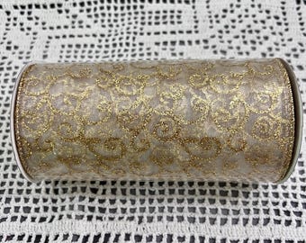 10-yds of Studio His & Hers 6" White and Metallic Gold Wired Edge Bridal Ribbon