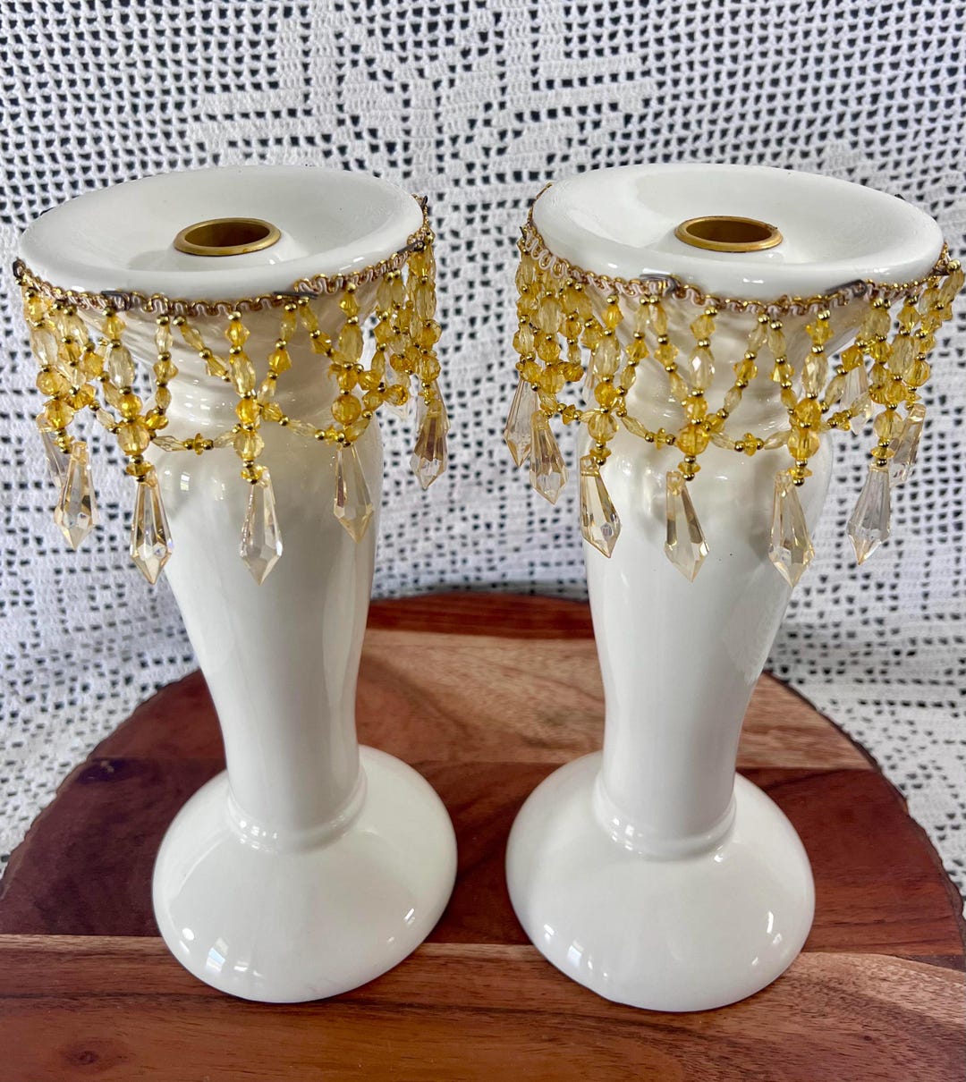 Retro White Ceramic Candleholders With Acrylic Yellow Amber Gold ...