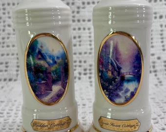 Vintage Avon Thomas Kinkade Cottage Collection Porcelain Salt and Pepper Shaker Set - Ivory With Gold Trim