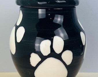 Handmade Porcelain Pet Urn: Black and White Paw Prints