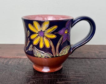 Midnight blue terracotta coffee mug with wildflowers