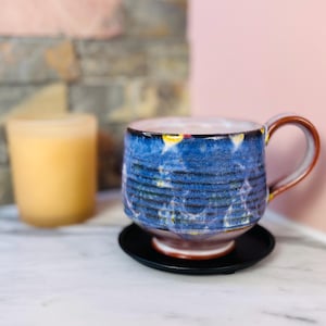 Blue coffee mug: handmade ceramic mug with floral stencil pattern