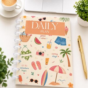 May include: A disc-bound planner with a cream cover featuring a summer-themed pattern of a beach bag, watermelon, bikini, camera, flip-flops, surfboard, umbrella, and palm tree. The text reads DAILY PLAN, good vibes, sunny days, and let the adventure begin.