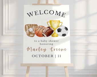 Cartello di benvenuto per baby shower sportivo: tema della squadra All-Star (modello digitale modificabile Canva)