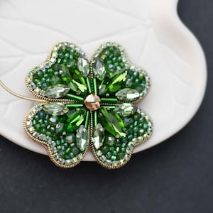 Embroidered bright beaded brooch | Four leaf clover brooch | Jewelry for handbag | Pin to clothes | Embroidered jewelry gift | Handmade pin