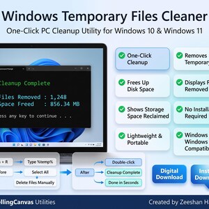 May include: A digital software utility titled Windows Temporary Files Cleaner for Windows 10 and 11. The interface displays a command prompt window showing 1,248 files removed and 856.34 MB of space freed, alongside feature lists and instructions.
