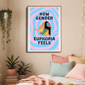 May include: A pink and blue swirl background with a black outline. The text "HOW GENDER EUPHORIA FEELS" is in black. A cartoon cat is climbing stairs to a doorway with a yellow frame.