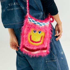 Handmade Smiley Face Crochet Crossbody Bag Unique Boho Style One of a Kind Bag for Her Mother&#39;s Day Gift