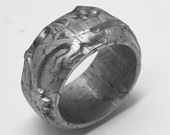 Meteorite Ring Natural Iron Meteorite Carving Ring, Meteorite Carving Pattern Ring, Meteorite Jewelry, Space Meteorite Gift