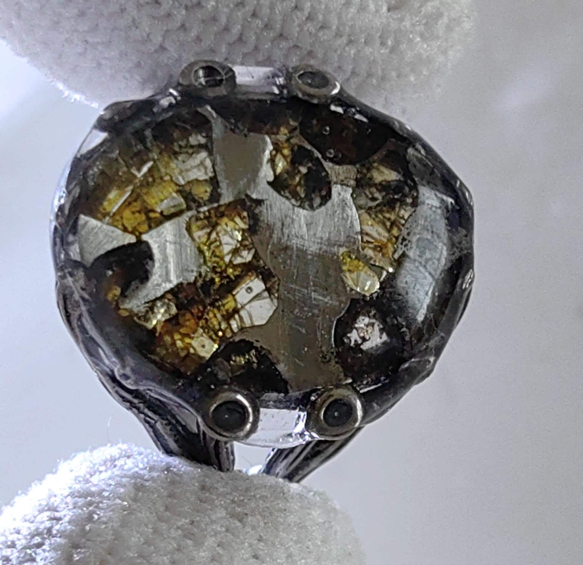 Bague météorite PALLASITE METEORITE Coquillage plaqué argent 925 Bague ouverte à taille réglable