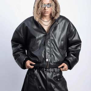 Black PU Jacket with Reversible Fur Side | Cotton Layer | Hooded Outerwear | Brown Shaggy Coat | Oversized Street Style