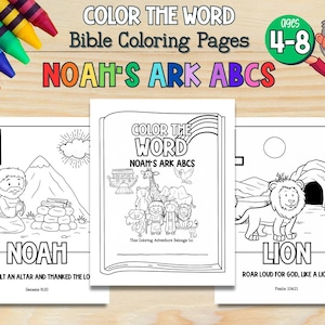 May include: Coloring pages for kids aged 4-8 featuring Bible stories. The pages include the text "NOAH'S ARK ABCS" and illustrations of Noah, animals, and a lion. Crayons are visible in the top left corner.
