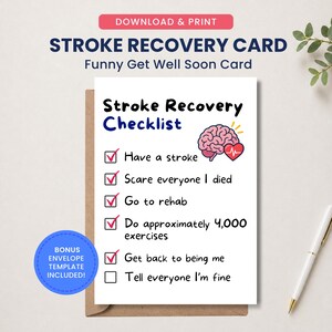 Op de afbeelding: Een witte wenskaart met een checklist voor herstel na een beroerte, een roze hersenillustratie en een rood hart met een hartslaglijn. De checklist bevat de tekst: Have a stroke, Scare everyone I died, Go to rehab, Do approximately 4,000 exercises, Get back to being me en Tell everyone I'm fine.