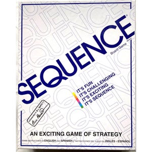 May include: A white board game box with the word "SEQUENCE" in large blue letters. The box also includes the text "IT'S FUN, IT'S CHALLENGING, IT'S EXCITING, IT'S SEQUENCE" in a colorful design. The box is labeled "AN EXCITING GAME OF STRATEGY".