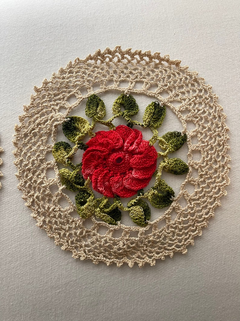 Vintage crochet doilies round with a center flower a set of 4 image 2