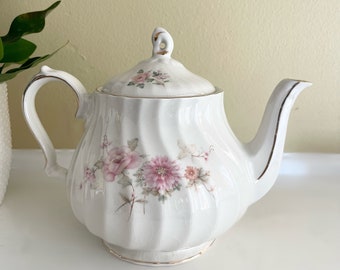 Windsor Sadler White Teapot with Gold Trim Swirled with Pink Floral Design