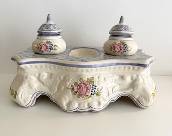 Vintage Spanish Ceramic Double inkwell Desk Set