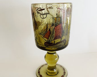 Alfred Taube German Green Bubble Glass Goblet with Ships
