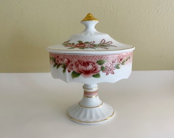 Porcelain Covered Trinket Dish on a Pedestal flowered with Gold Trim