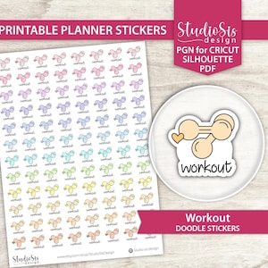 May include: Printable planner stickers featuring colorful dumbbell doodles with the word "workout". The stickers are in various pastel colors. A separate sticker shows a dumbbell with a heart and the word "workout".