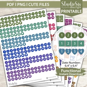 May include: Printable date number stickers in various colours, including green, blue, and purple. Each sticker is 1 cm x 1 cm and features numbers 1-31, with heart and circle icons. The design is labelled "Functional Instant Download."