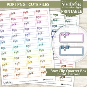 May include: Printable planner stickers featuring colorful bow clip designs. The stickers include rectangular boxes with bow illustrations in various colors, such as pink, purple, and blue. Text on the image reads "PDF | PNG | CUTE FILES" and "Bow Clip Quarter Box Instant Download."