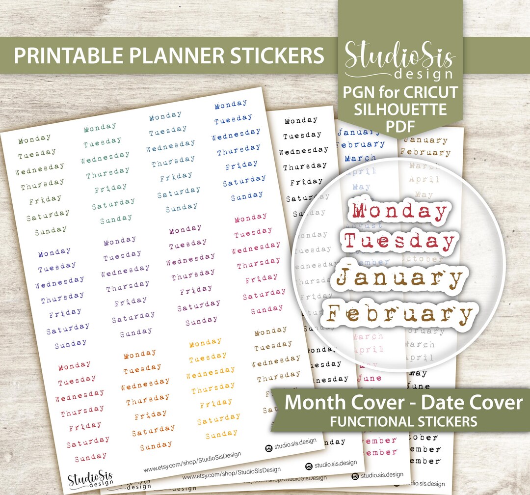 Month and Date Cover Printable Planner Stickers, Bullet Journal, Erin ...