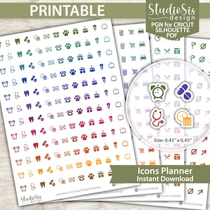 Puede incluir: Iconos de planificador imprimibles en varios colores, incluyendo despertadores, dientes, pastillas y carritos de compras. La imagen incluye el texto "Icons Planner Instant Download" y "Studio Sis design."