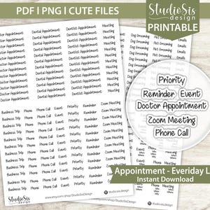 May include: Printable sticker sheets with various appointment labels, including "Doctor Appointment," "Meeting," and "Phone Call." The sheets are labeled "PDF | PNG | CUTE FILES" and "Appointment - Everyday Life Instant Download."