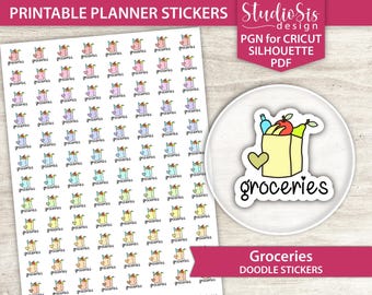 Groceries Doodle, Printable Planner Stickers, Everyday Life Script Stickers, Cut Files