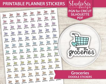 Groceries Doodle, Printable Planner Stickers, Everyday Life Script Stickers, Cut Files
