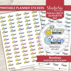 May include: Sheets of planner stickers with the text "Morning Routine" and "Evening Routine". The stickers feature a smiling sun and a crescent moon. The dimensions are 1.0" x 0.5". The text "Printable Planner Stickers" is at the top.