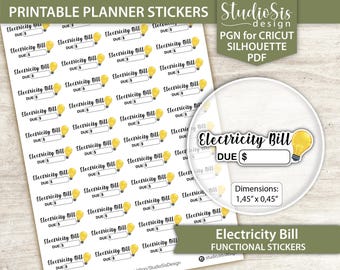 Electricity Bill | Bill Reminder Functional Printable Planner Stickers | Cut Files