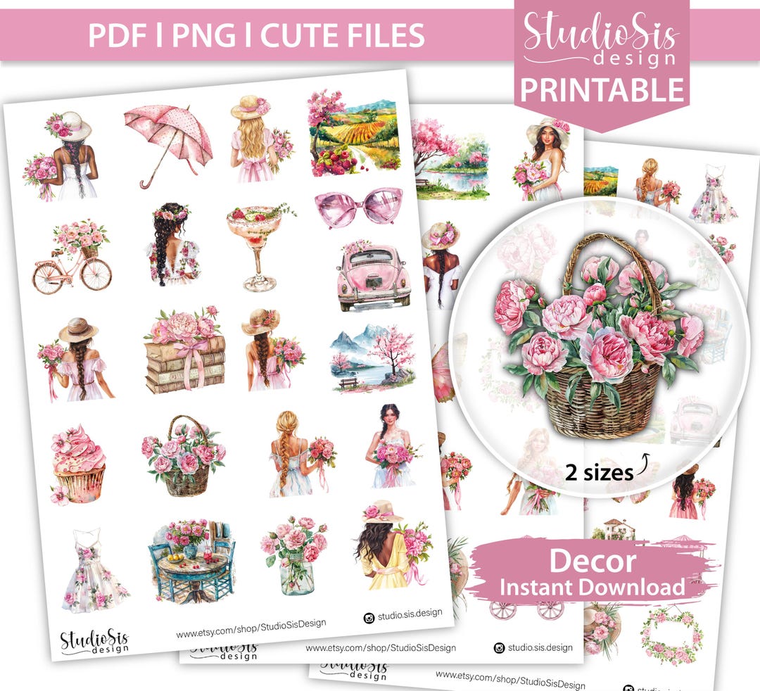 Pink Roses Prinatable Pink Roses Printable Decor Planner Stickers, Decorative Printable ...