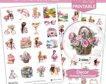 Pink Roses Printable Decor Planner Stickers, Decorative Printable Stickers, Decor Sticker, Bullet Journal, Hobonichi - CUT FILES