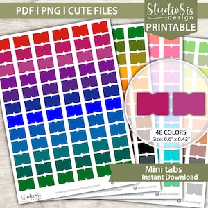 Puede incluir: Mini pestañas imprimibles en 48 colores, cada una de 1,5 cm x 1,1 cm. Las pestañas están dispuestas en una cuadrícula, mostrando un espectro de tonos que van del rojo al verde. El diseño incluye el texto "Mini tabs Instant Download".